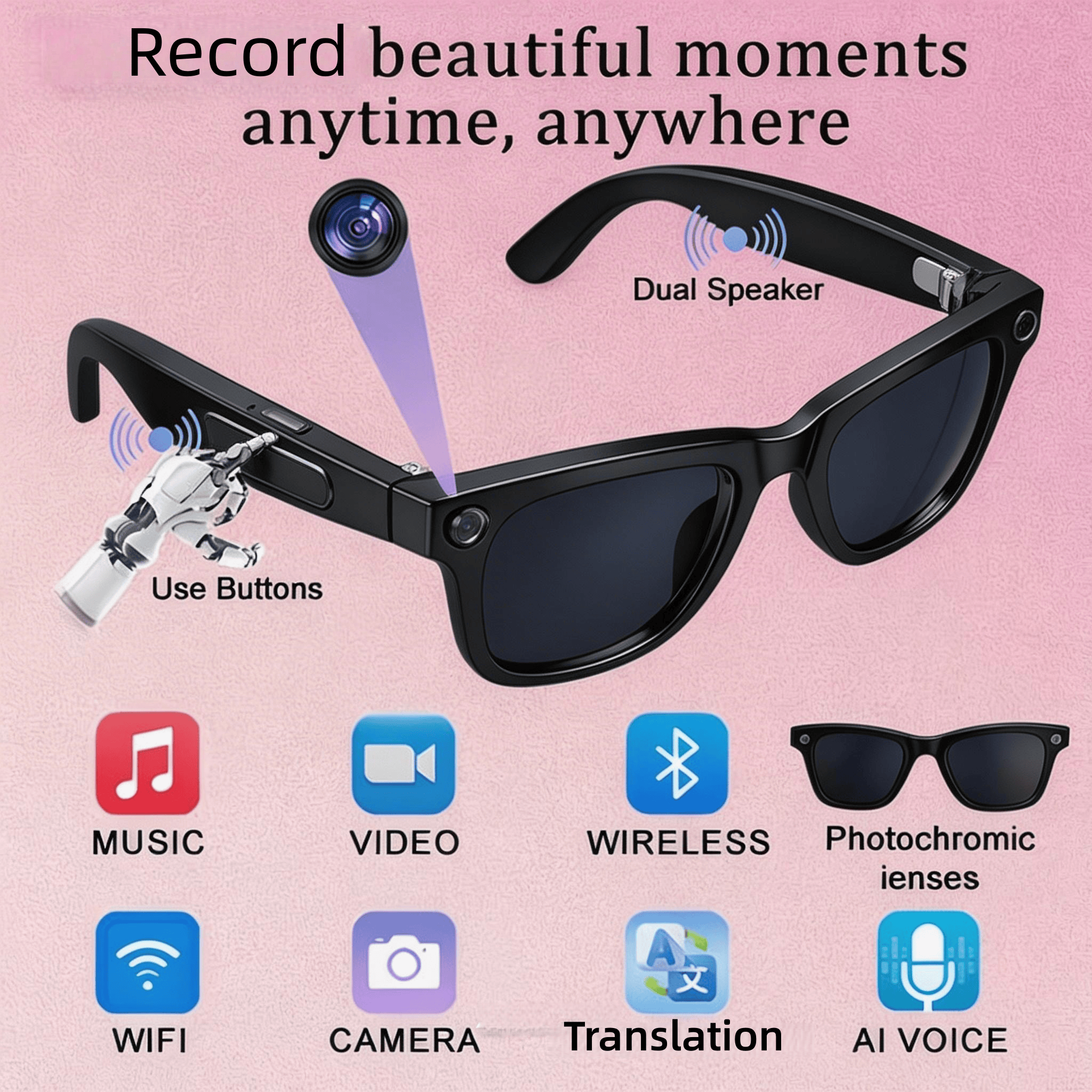 Audio Music Recognition - 4K Camera Glasses with AI Smart